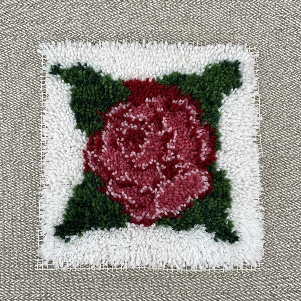 Vintage Finished Latch Hook Rose Flower Mid Century MCM 14 x 14 Pillow or Frame